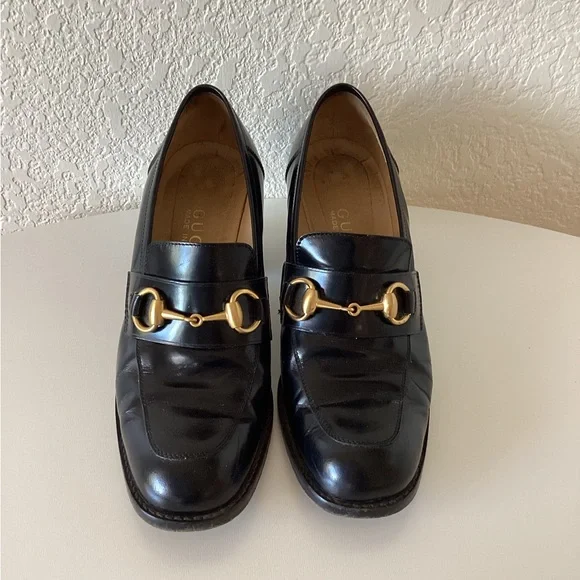 Vintage Gucci Heel Loafers Gold Horsebit Detail - Picture 1 of 9